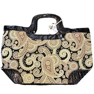 NWT MUDPIE "BAG LADY" BLACK PAISLEY CROCK HANDLE BAG.